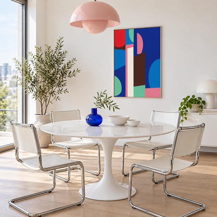 Bauhaus Painting, framed on the wall of a colourful dining area