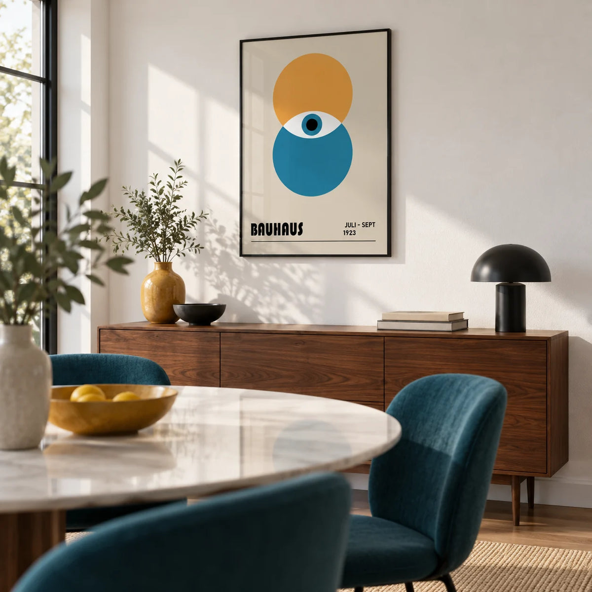 Bauhaus Painting, framed on the wall of a modern dining room with a white wall