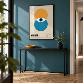 Bauhaus Painting, framed on the wall of a modern hallway with a teal painted wall