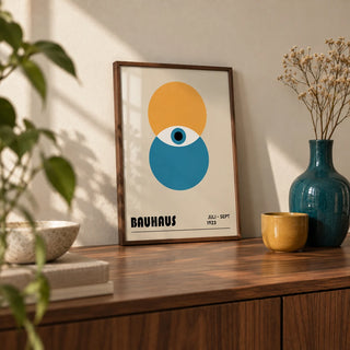 Bauhaus Painting, a small A4 framed print leaning on a walnut sideboard in a living room