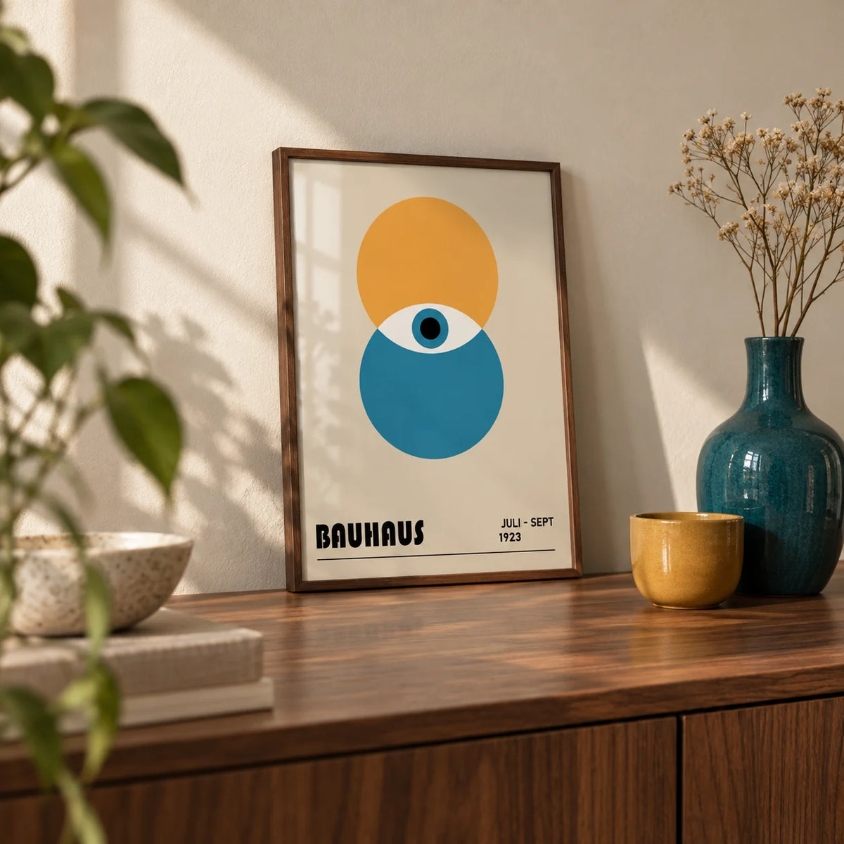 Bauhaus Painting, a small A4 framed print leaning on a walnut sideboard in a living room