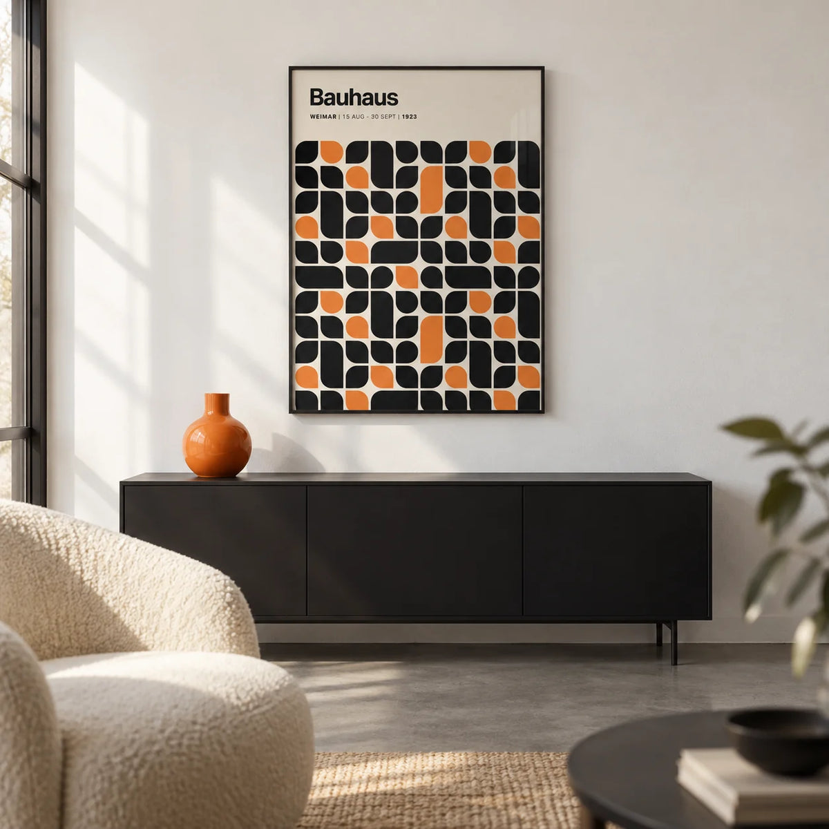 Bauhaus Pattern, framed on the wall of a design-led city flat living room with a plain white wall and a concrete floor