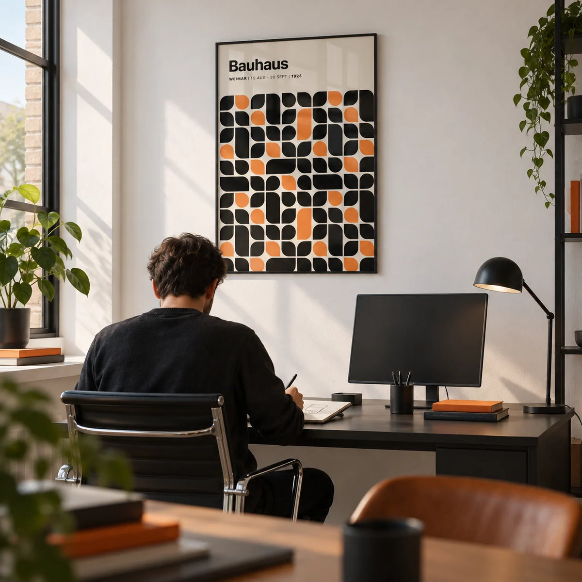 Bauhaus Pattern, framed on the wall of a graphic designer's studio with a plain white wall in a home office
