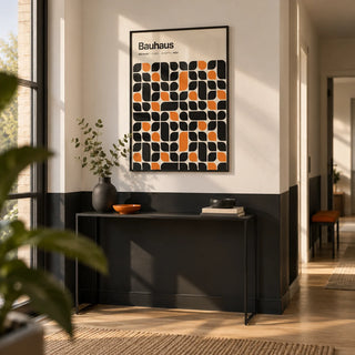 Bauhaus Pattern, framed on the wall of a hallway with a plain black lower wall and a white upper wall