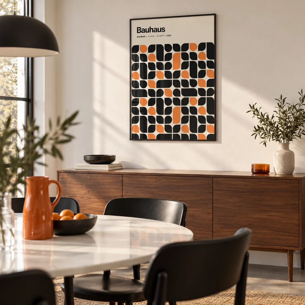 Bauhaus Pattern, framed on the wall of a modern dining room with a white wall