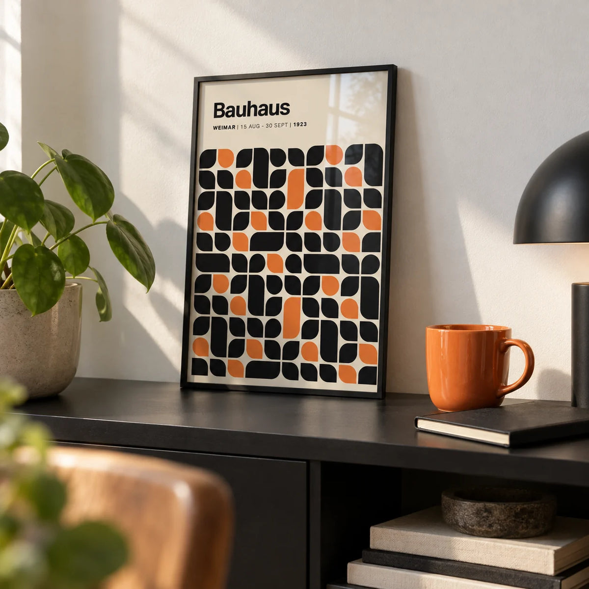 Bauhaus Pattern, a small A4 framed print leaning on a black shelf in a living room