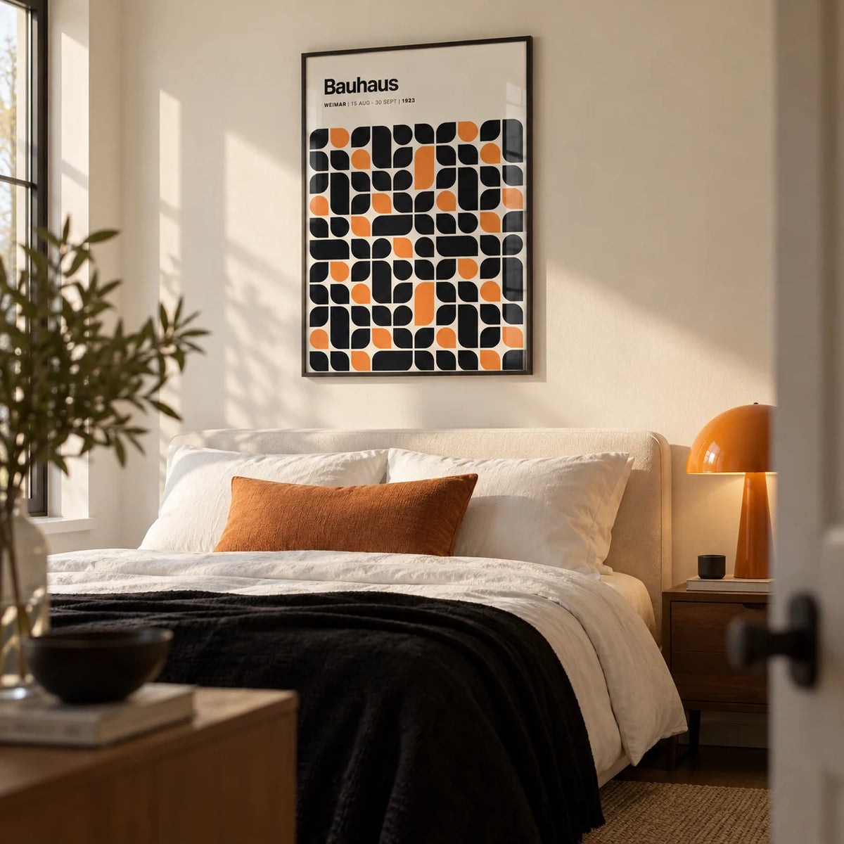 Bauhaus Pattern, framed on the wall of a young professional's bedroom (24-32) with a plain cream wall