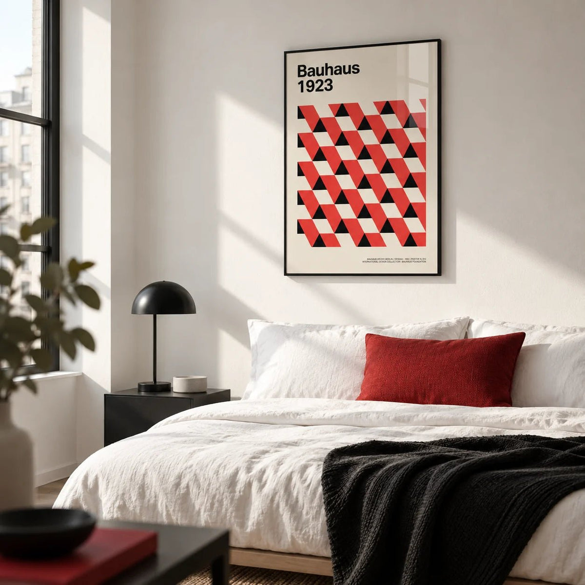 Bauhaus Pictures, framed on the wall of a crisp monochrome bedroom in a city flat