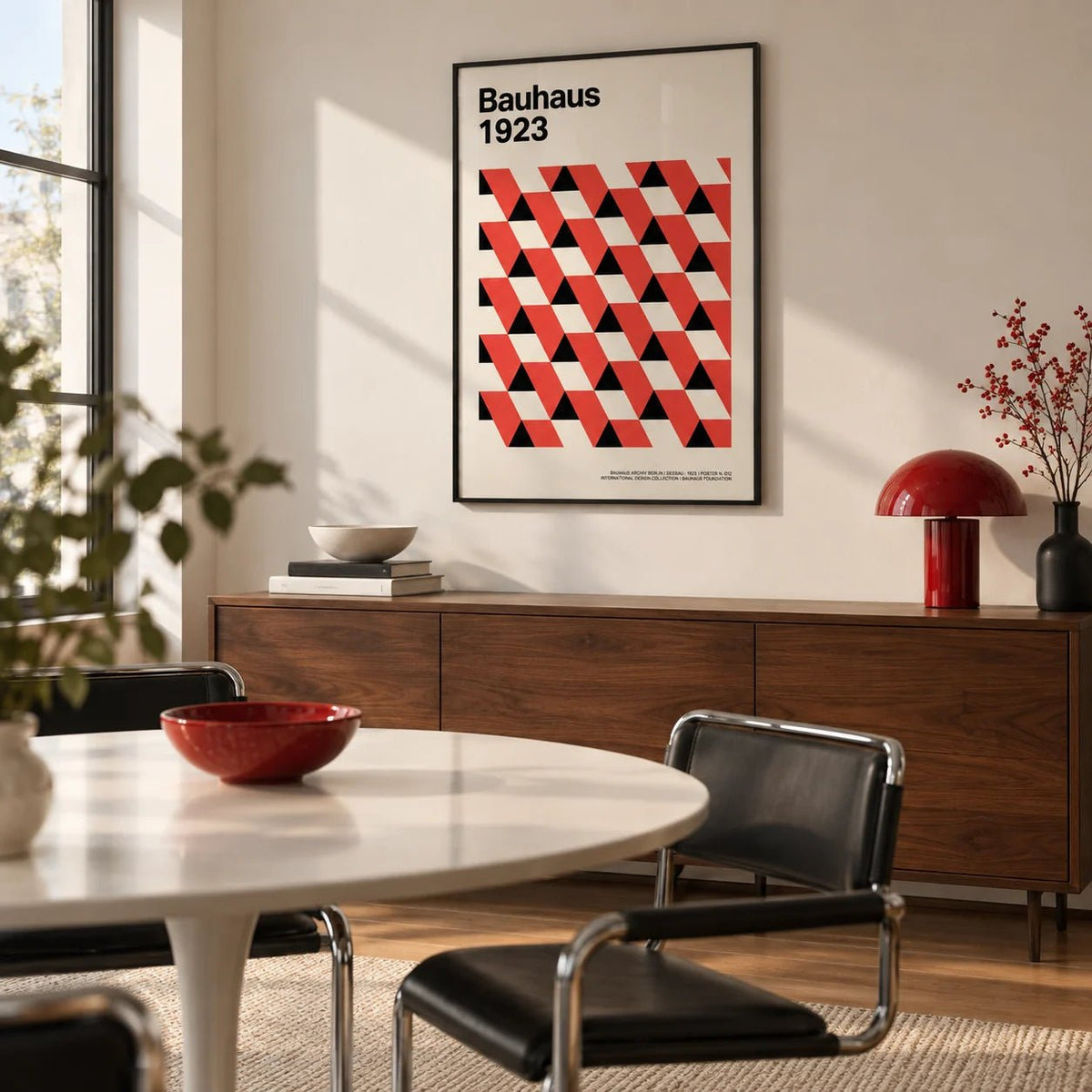 Bauhaus Pictures, framed on the wall of a modern dining room