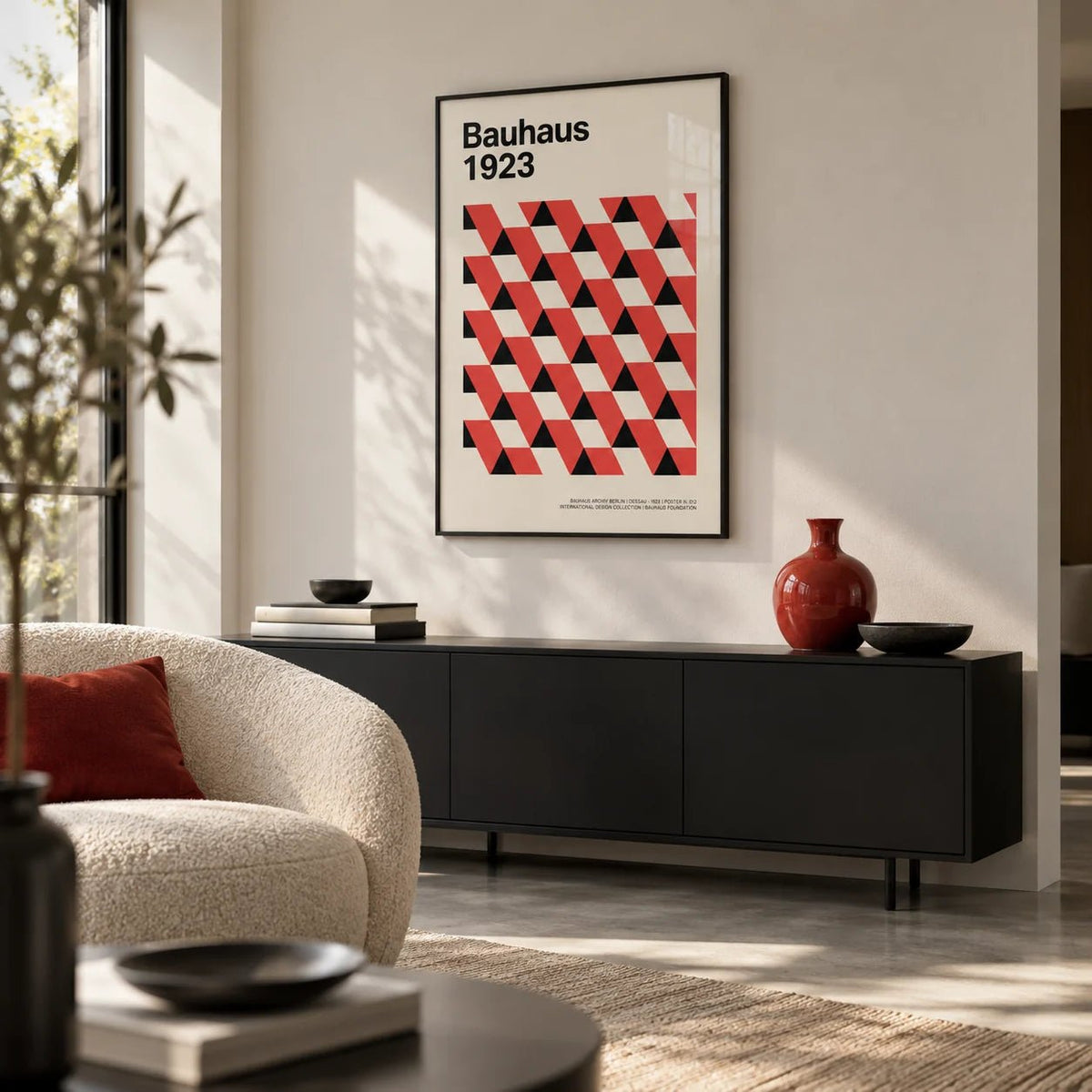 Bauhaus Pictures, framed on the wall of a modern living room with a polished concrete floor
