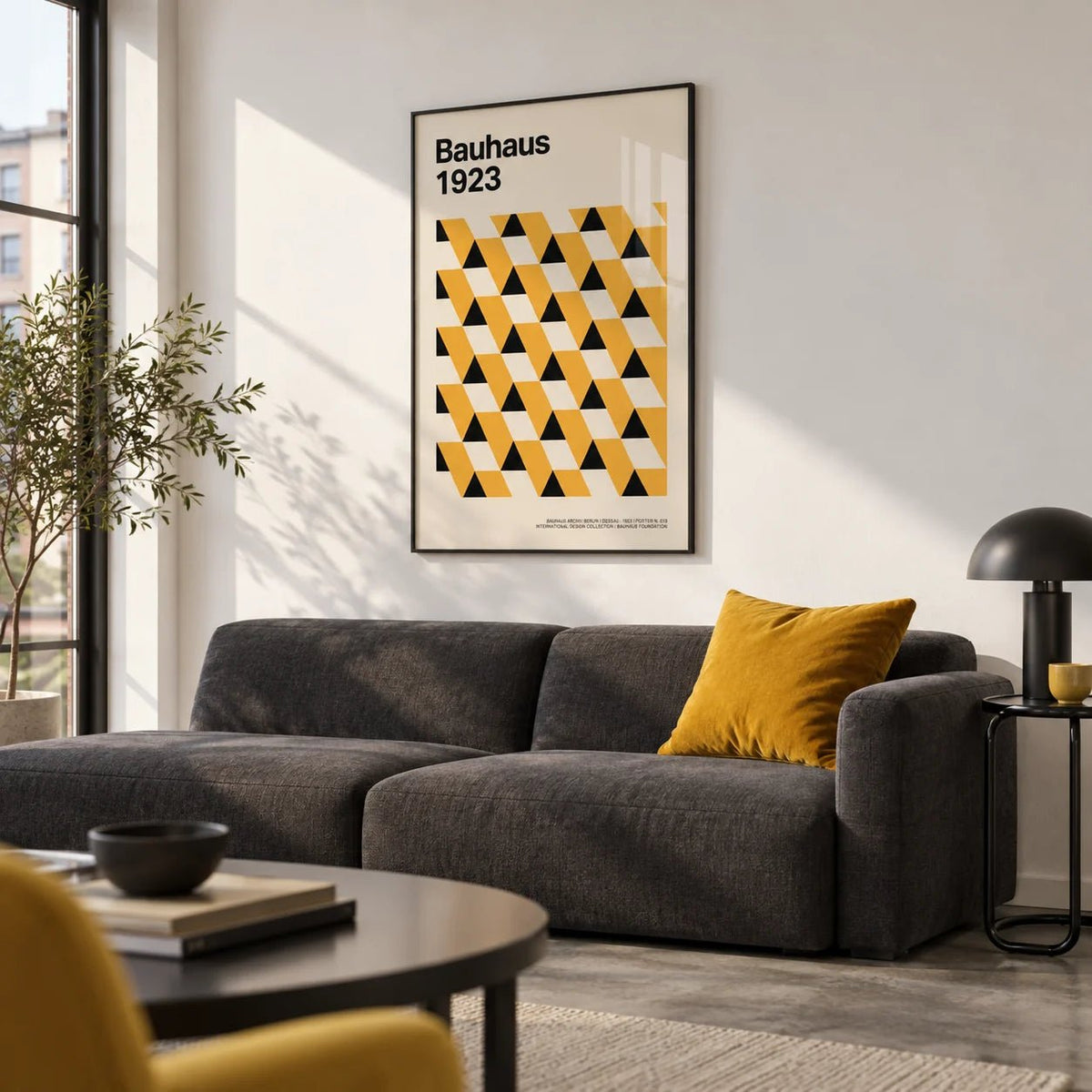 Bauhaus Poster 1923, framed on the wall of a modern city apartment living room
