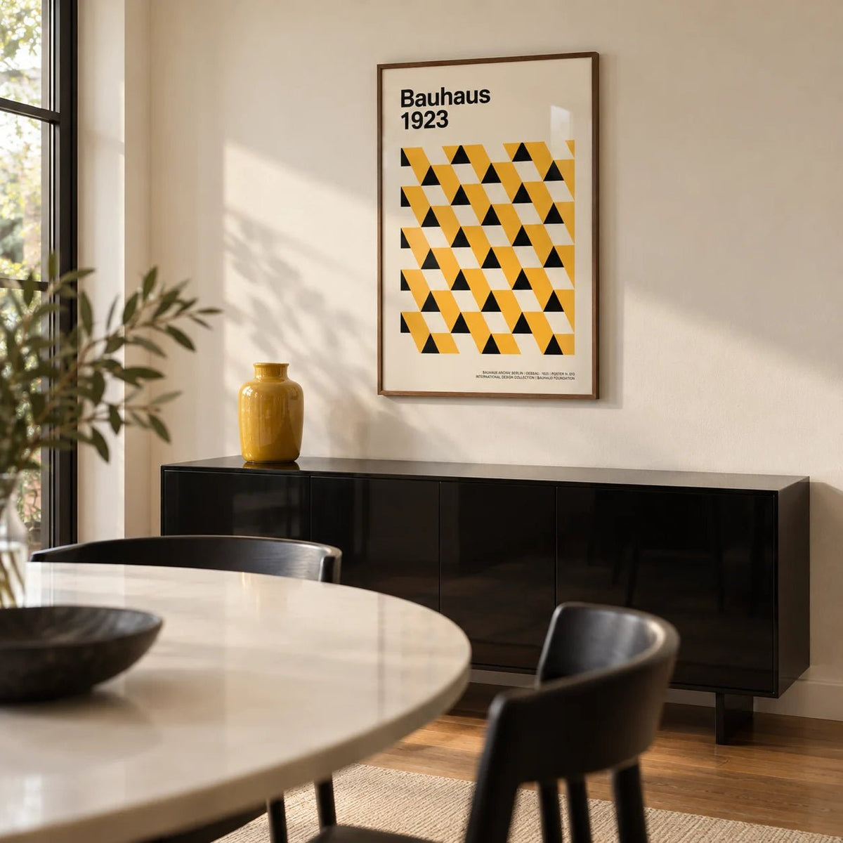 Bauhaus Poster 1923, framed on the wall of a modern dining room