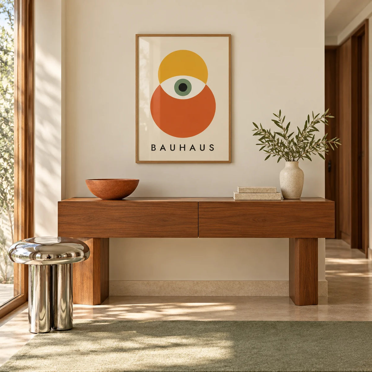 Bauhaus Poster Art, framed on the wall of a bright hallway with a walnut side table
