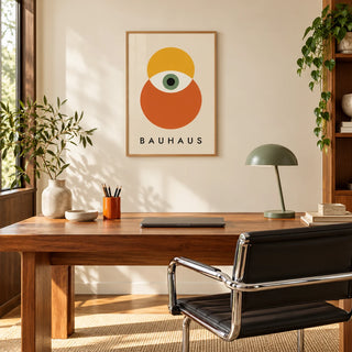 Bauhaus Poster Art, framed on the wall of a home office with a walnut desk and a black leather chair