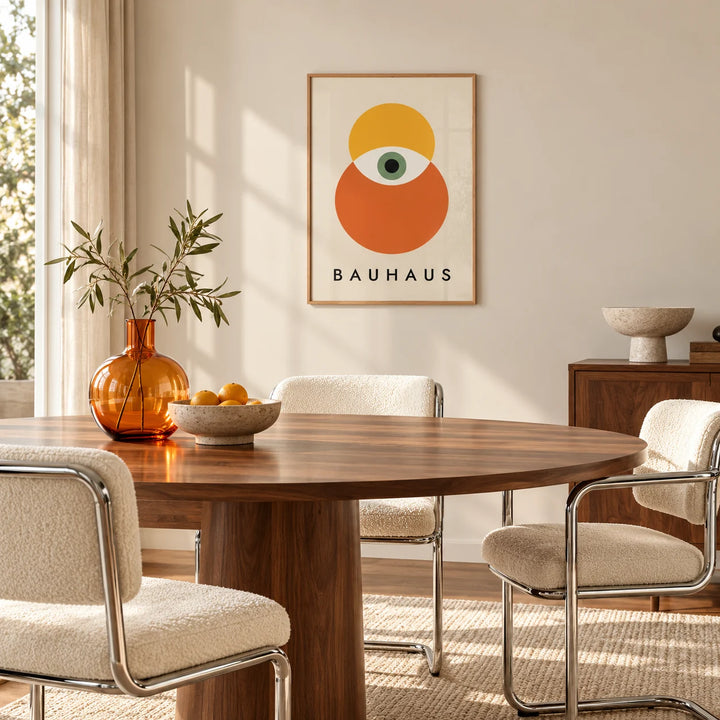 Bauhaus Poster Art, framed on the wall of a mid-century dining room with a walnut table and chrome chairs