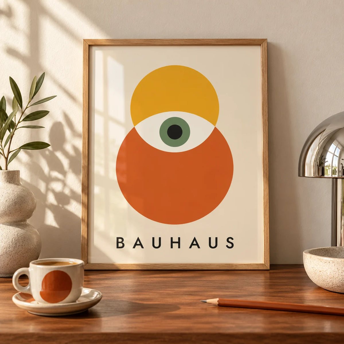 Bauhaus Poster Art, a small A4 framed print leaning on a walnut desk