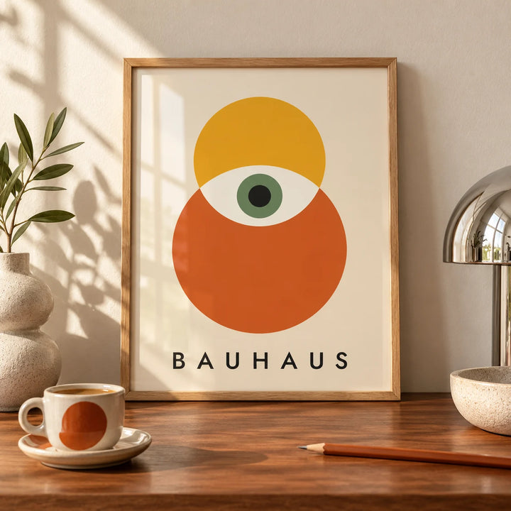 Bauhaus Poster Art, a small A4 framed print leaning on a walnut desk