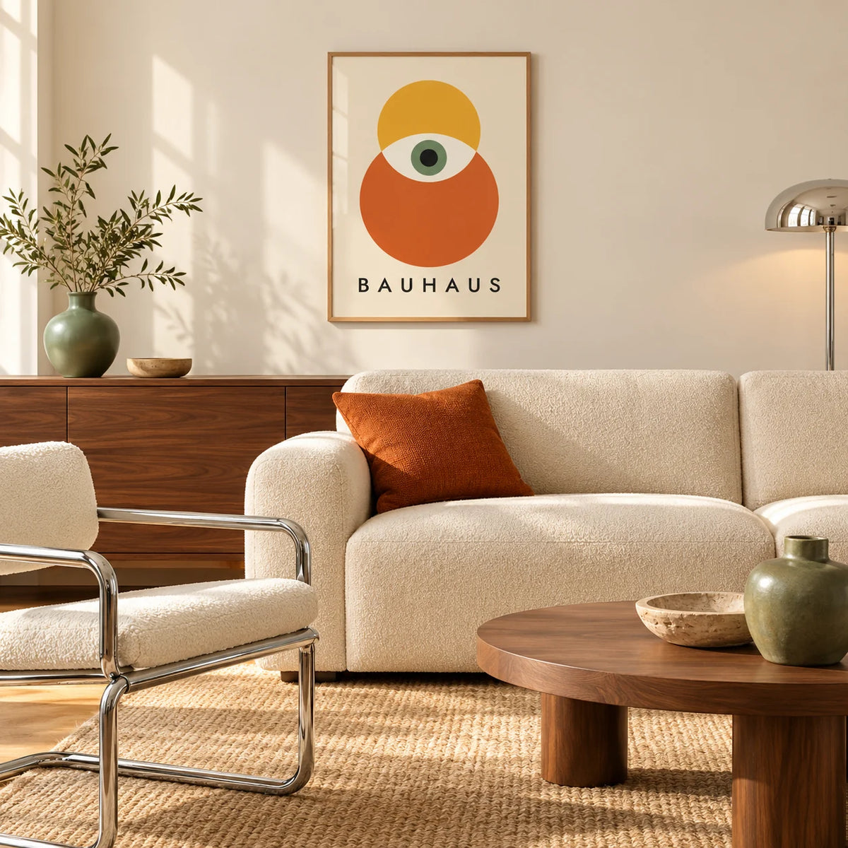 Bauhaus Poster Art, framed on the wall of a warm mid-century living room with a cream boucle sofa and walnut sideboard