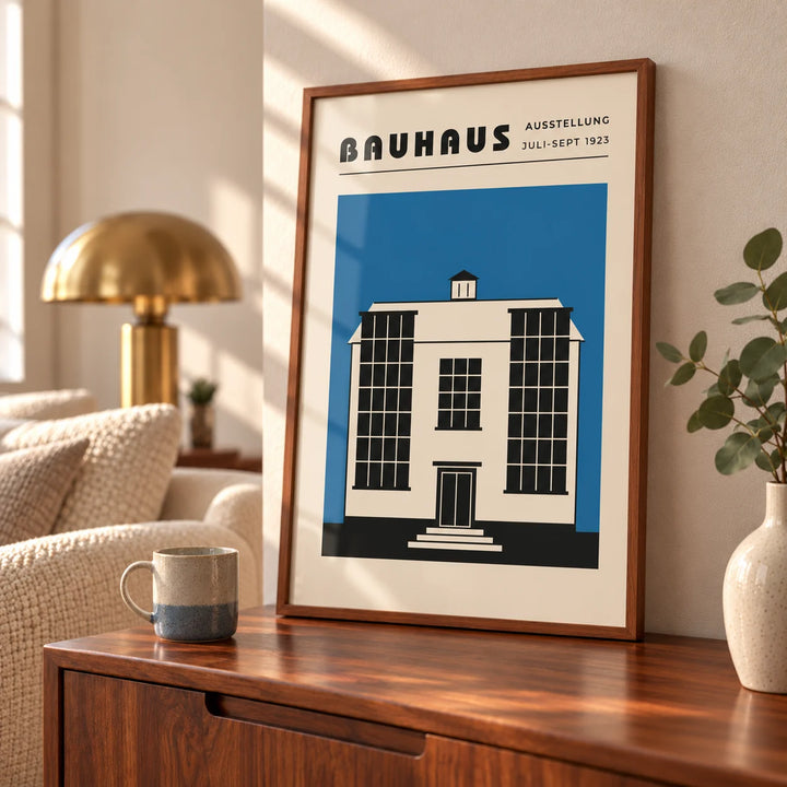 Bauhaus Poster Blue, an A3 framed print leaning on a walnut sideboard in a living room