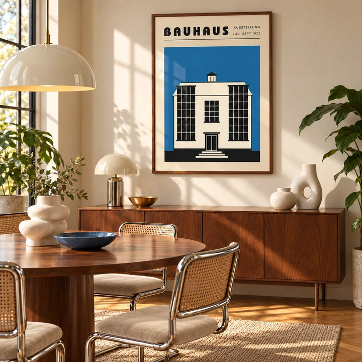 Bauhaus Poster Blue, framed on the wall of a mid-century dining room with a round walnut table
