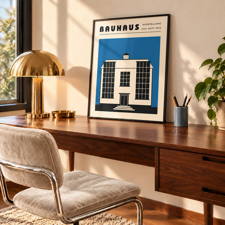 Bauhaus Poster Blue, a framed print leaning on a walnut desk in a mid-century home office