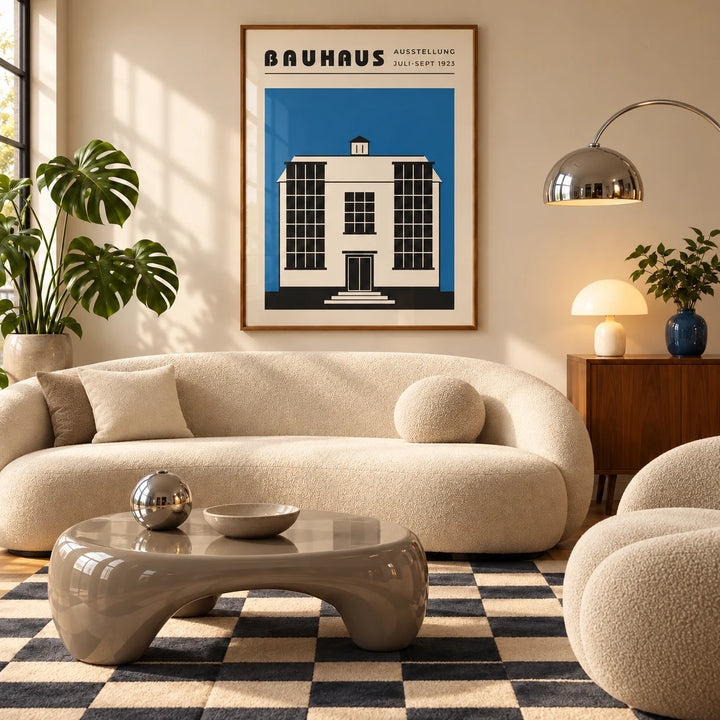 Bauhaus Poster Blue, framed on the wall of a mid-century living room with a curved cream sofa