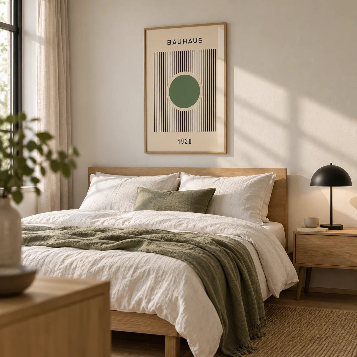 Bauhaus Poster, framed on the wall of a calm modern bedroom