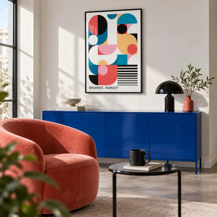Bauhaus Poster Color, framed on the wall of a design-led city flat living room