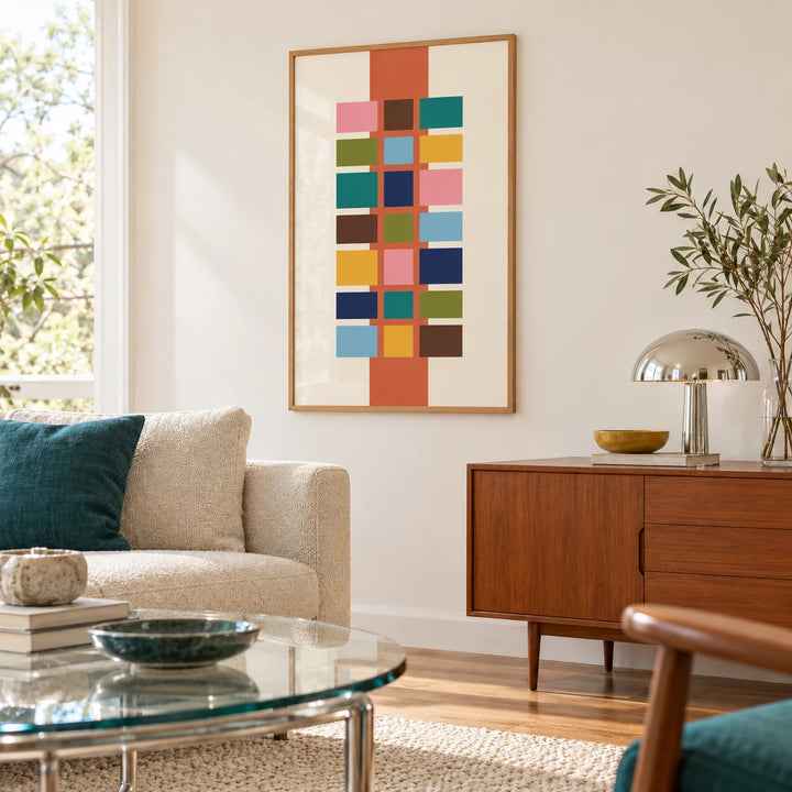 Bauhaus Poster Color, framed on the wall of a mid century lounge