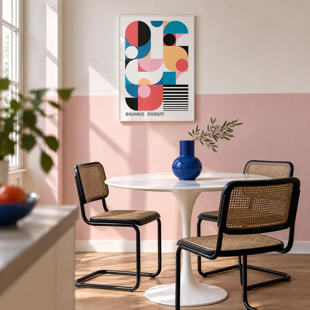 Bauhaus Poster Color, framed on the wall of a modern dining nook with a pale pink painted lower wall and white above