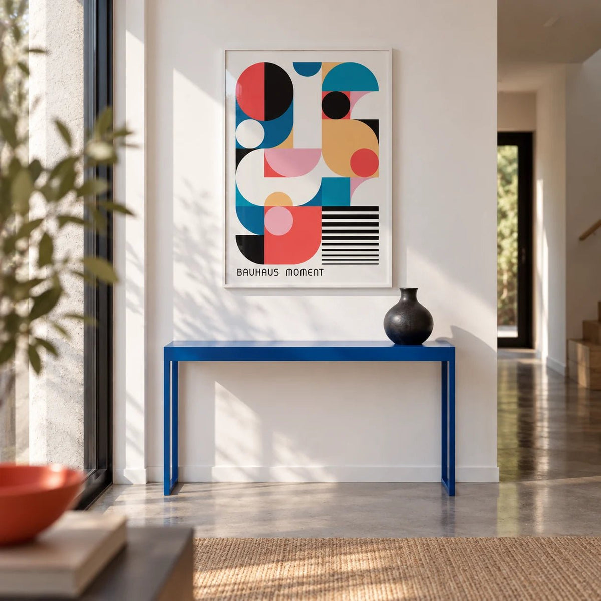 Bauhaus Poster Color, framed on the wall of a modern hallway
