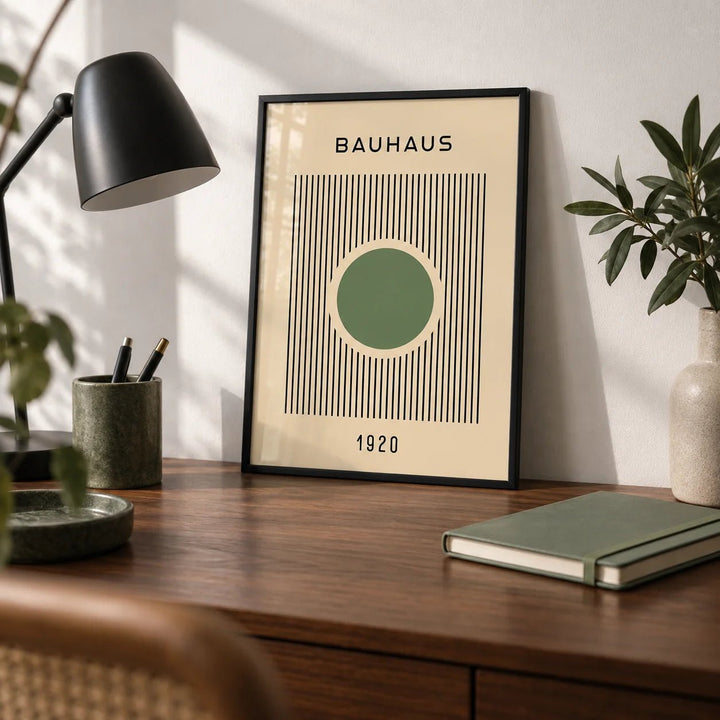 Bauhaus Poster, a small A4 framed print leaning on a walnut desk