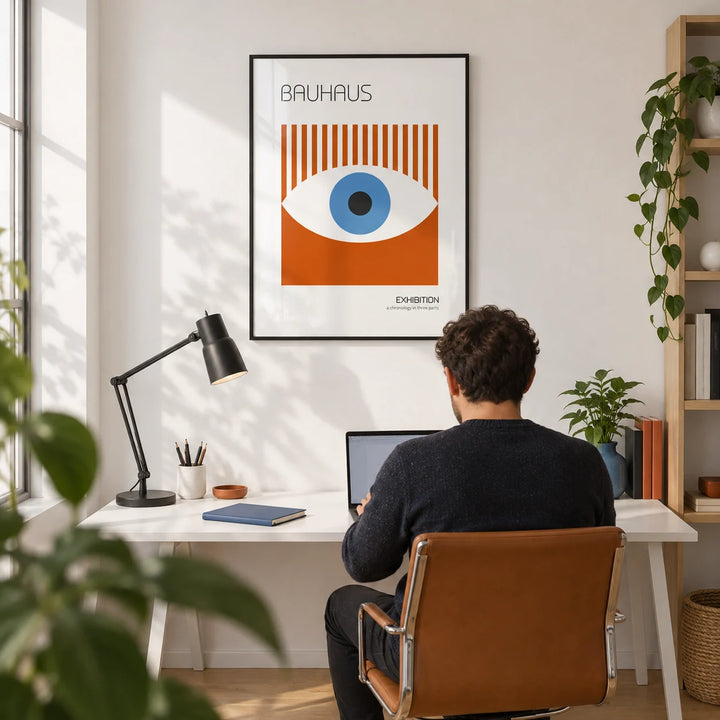 Bauhaus Posters, framed on the wall of a design-led home office with a white wall and a light oak floor