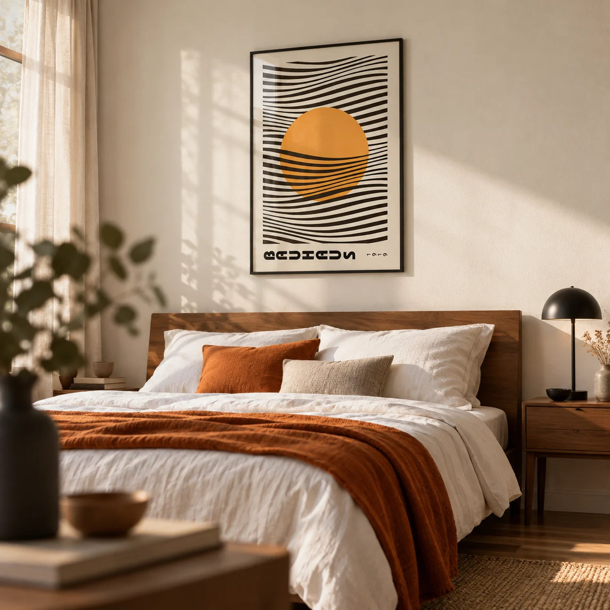 Bauhaus Print, framed on the wall of a calm modern bedroom with a cream wall
