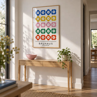 Bauhaus Print Design, framed on the wall of a bright modern hallway