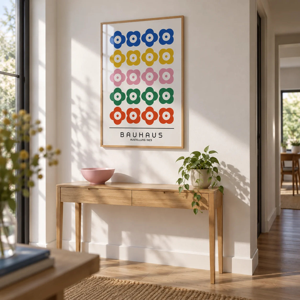 Bauhaus Print Design, framed on the wall of a bright modern hallway