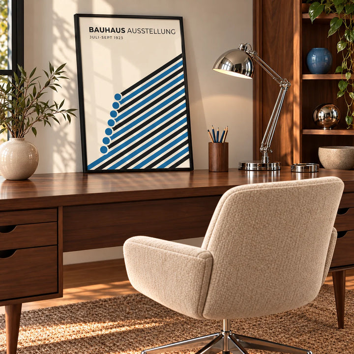 Bauhaus Print, a framed print leaning on a walnut desk in a mid-century home office