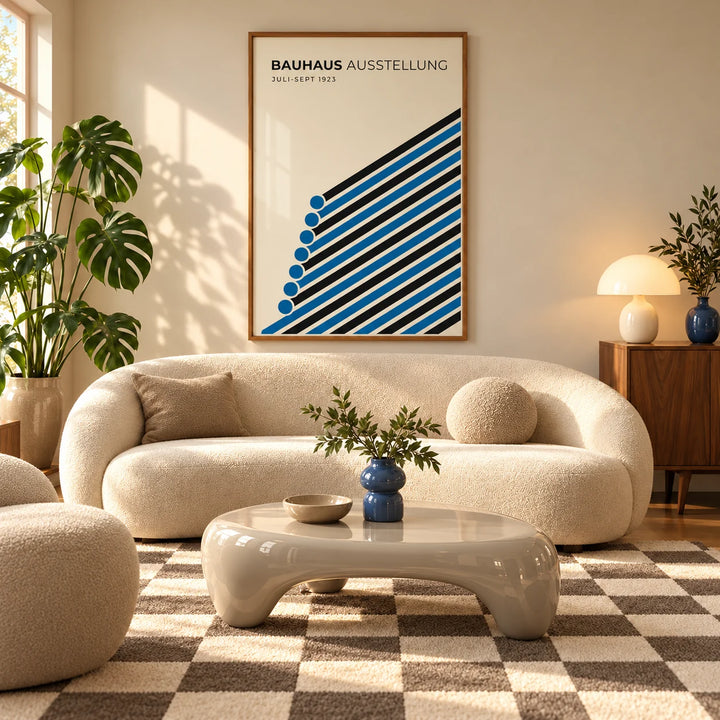 Bauhaus Print, framed on the wall of a mid-century living room with a curved cream sofa