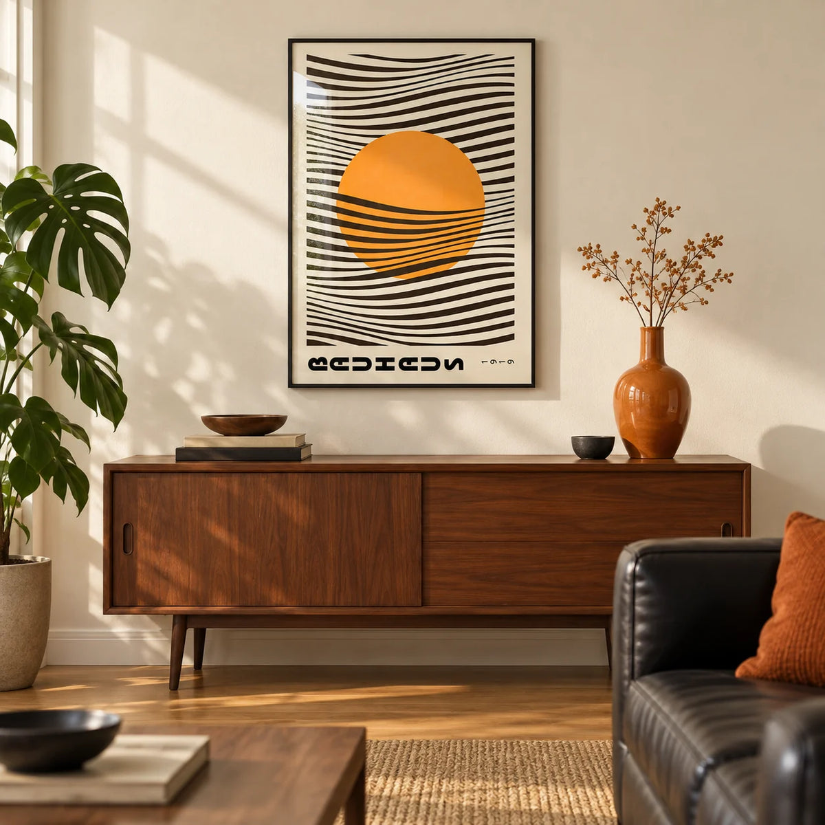Bauhaus Print, framed on the wall of a mid-century modern living room with a warm cream wall and an oak floor