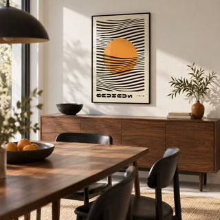 Bauhaus Print, framed on the wall of a modern dining room with a white wall
