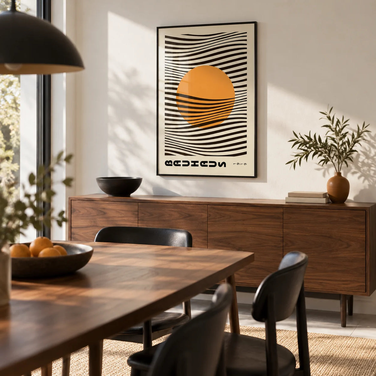 Bauhaus Print, framed on the wall of a modern dining room with a white wall