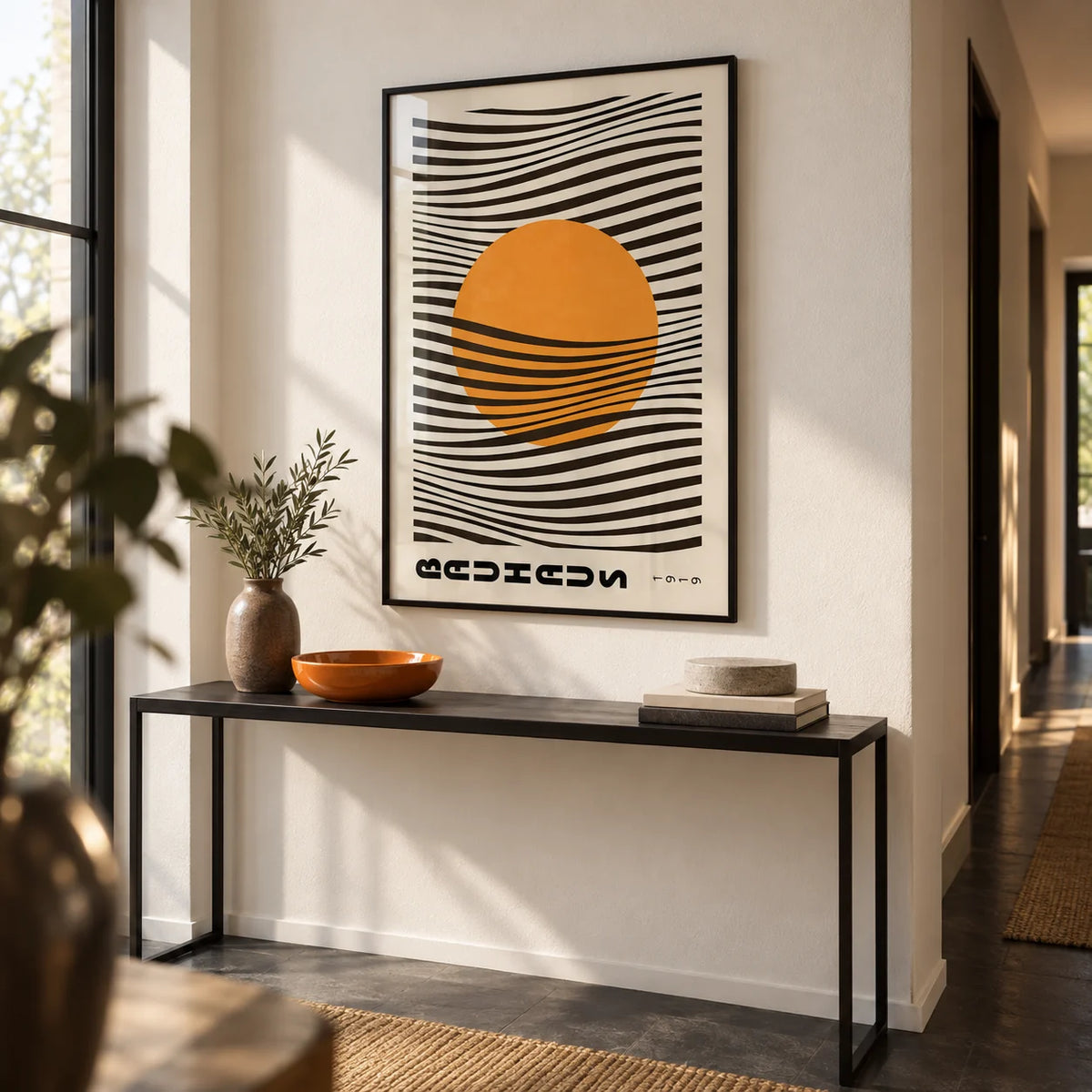 Bauhaus Print, framed on the wall of a modern hallway with a white wall and a dark floor