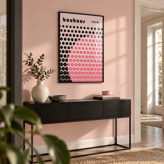 Bauhaus Print Poster, framed on the wall of a modern hallway with a pale pink wall