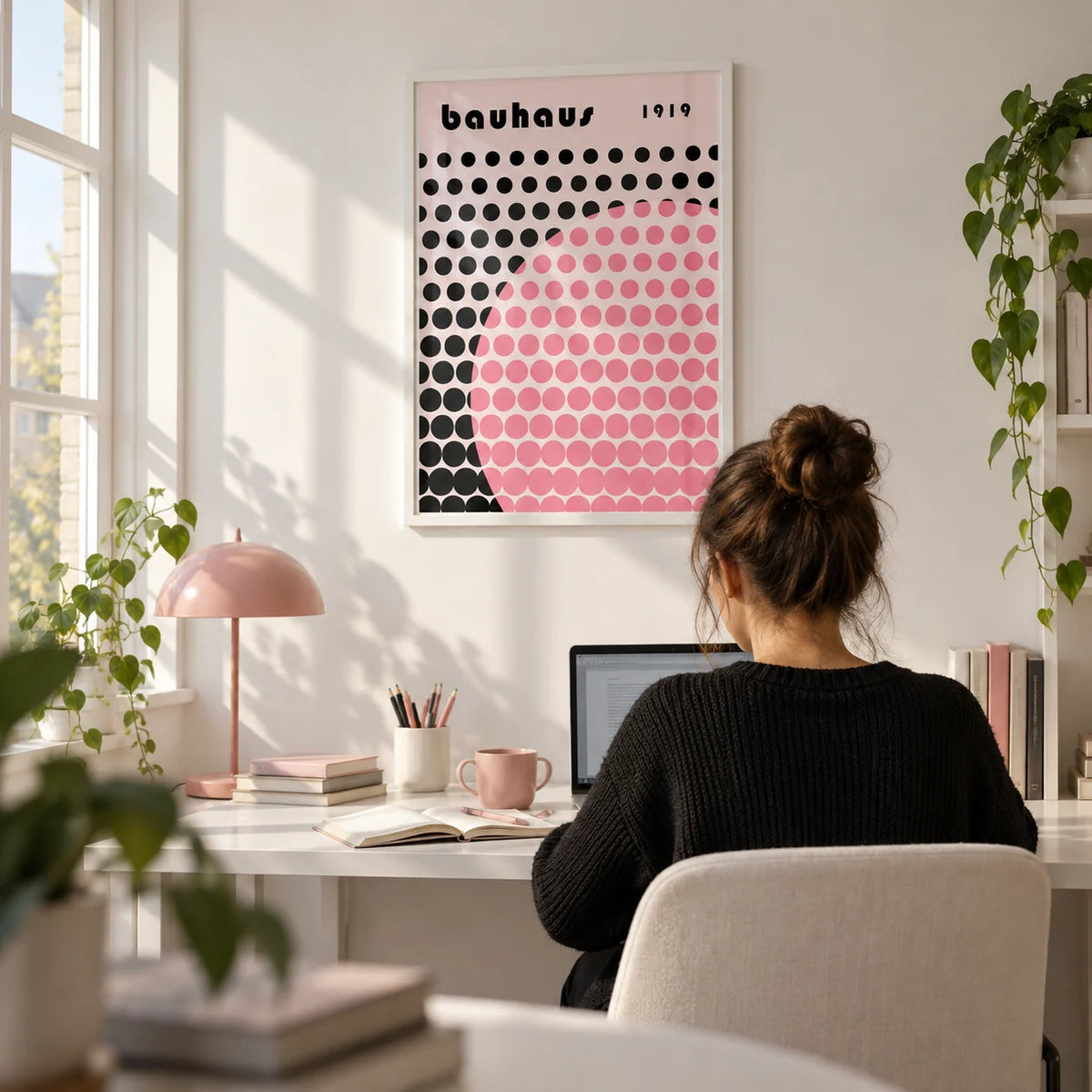 Bauhaus Print Poster, framed on the wall of a study corner with a white wall