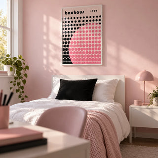 Bauhaus Print Poster, framed on the wall of a teenage girl's bedroom (14-17) with a pale pink wall