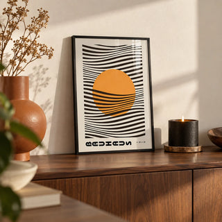 Bauhaus Print, a small A4 framed print leaning on a walnut sideboard in a living room