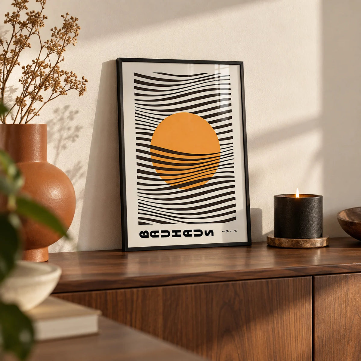 Bauhaus Print, a small A4 framed print leaning on a walnut sideboard in a living room