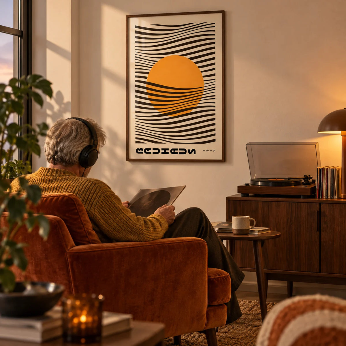 Bauhaus Print, framed on the wall of a warm living room corner with a cream wall