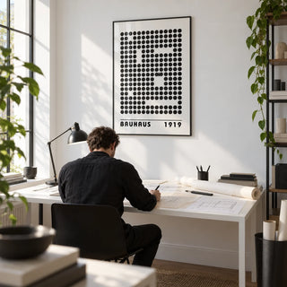 Bauhaus Prints, framed on the wall of an architect's home studio with a white wall in a home office