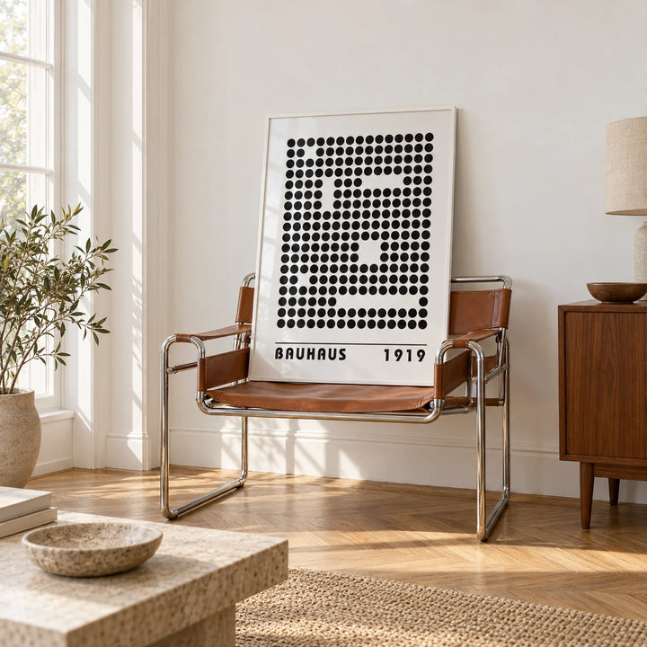 Bauhaus Prints, framed on the wall of a bright white room with tall white walls and warm herringbone oak parquet in soft morning light in a living room